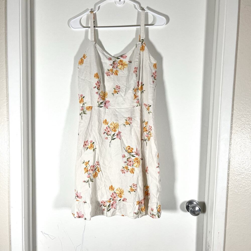 Old Navy Linen Blend Sleeveless Cami Off-White Floral Ruffle Dress Size L